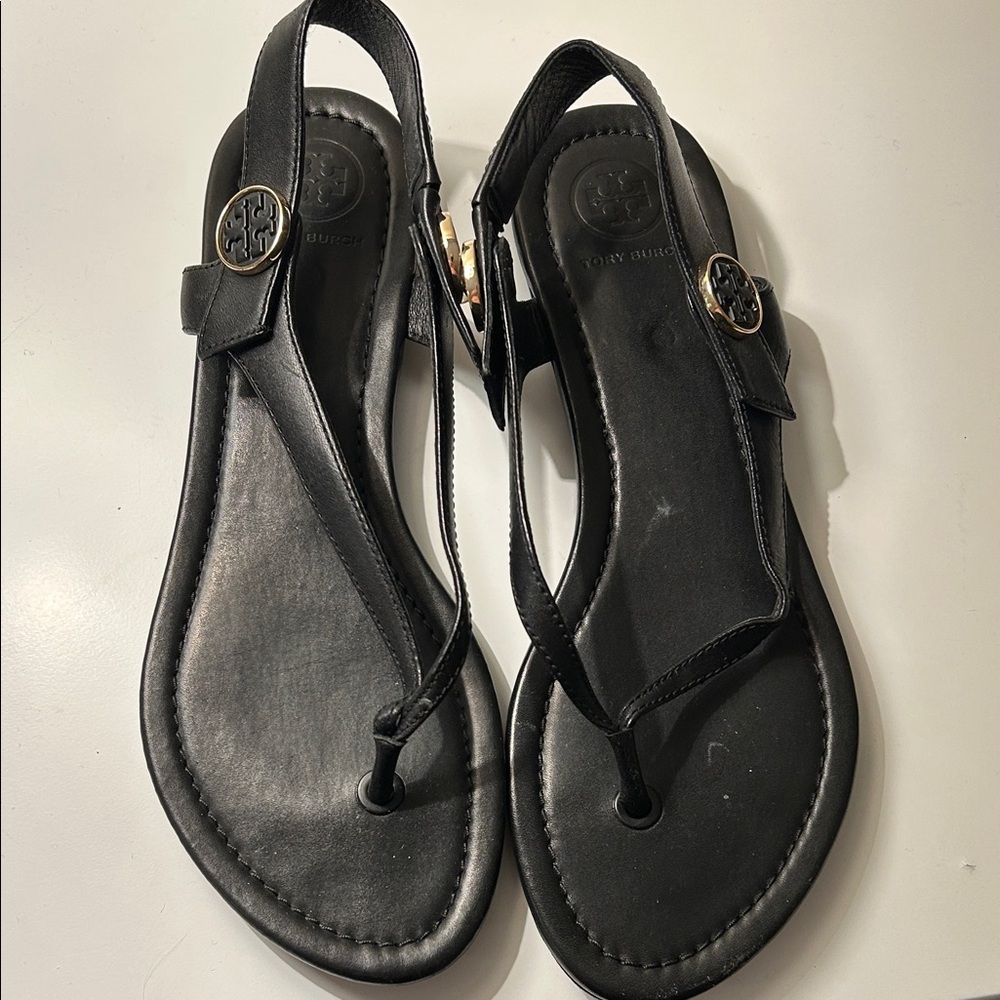 Tory Burch Black Leather Sandals with Gold trim 6.5